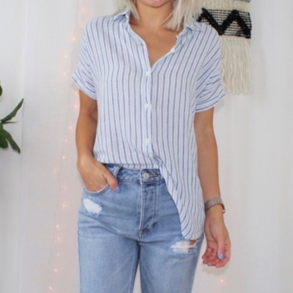 Marine Layer Linen Stripe Blue Teal Button Shirt